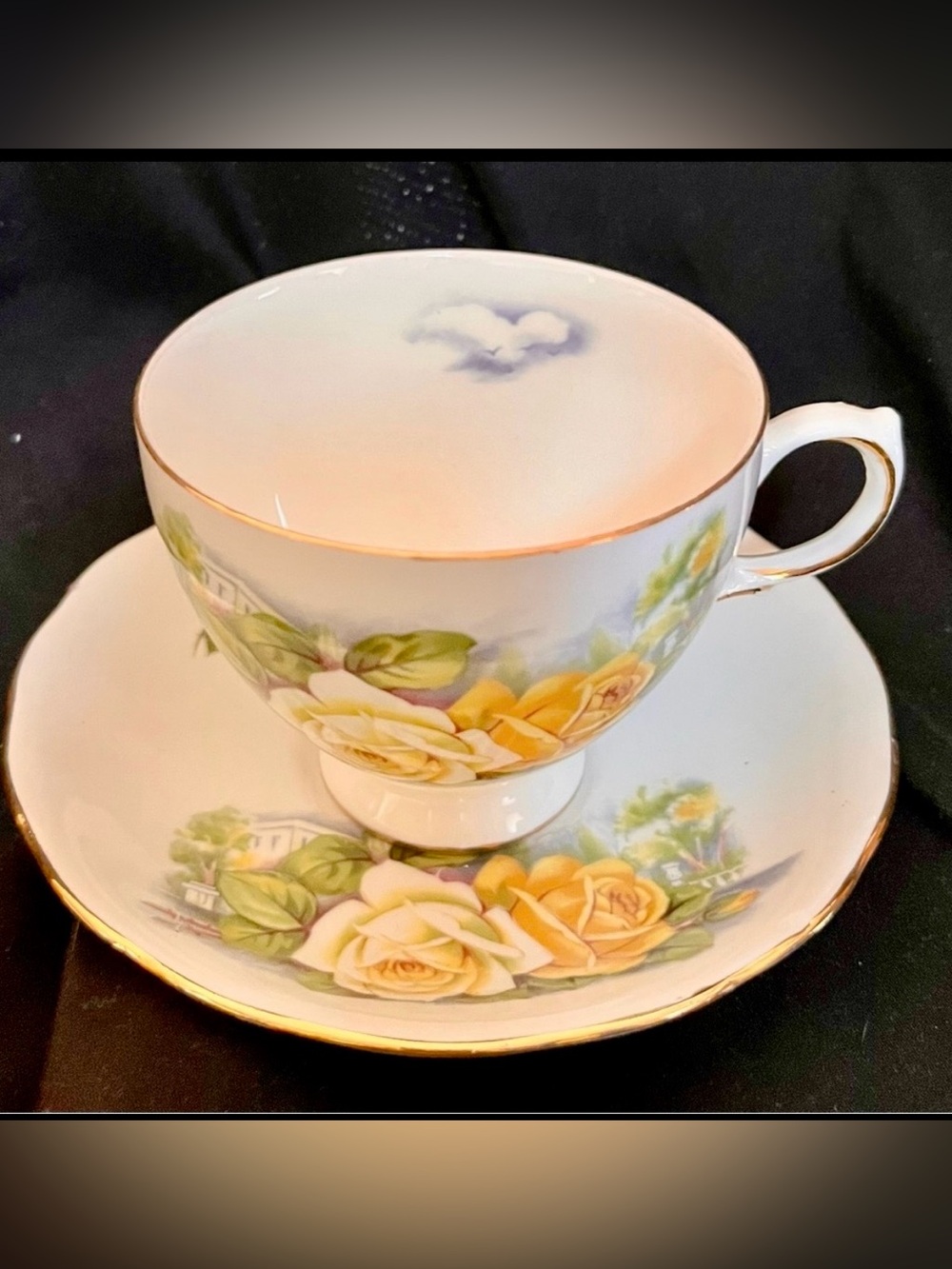 Vintage Gainsborough England Fine Bone China Yellow Rose Teacup Saucer Set Gilde